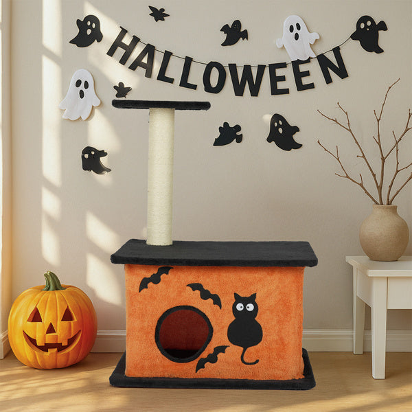 Halloween Cat Tree – Orange & Black Tower with Scratching Post