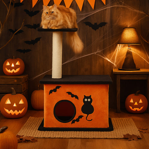 Halloween Cat Tree – Orange & Black Tower with Scratching Post