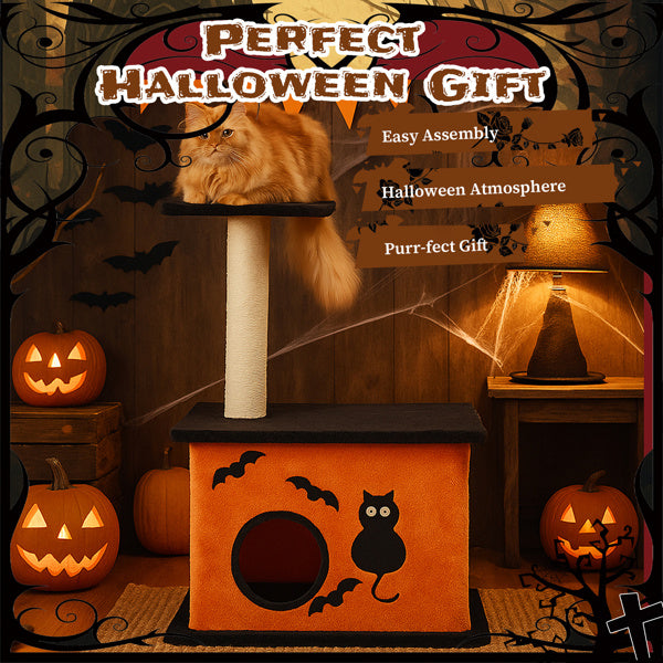 Halloween Cat Tree – Orange & Black Tower with Scratching Post