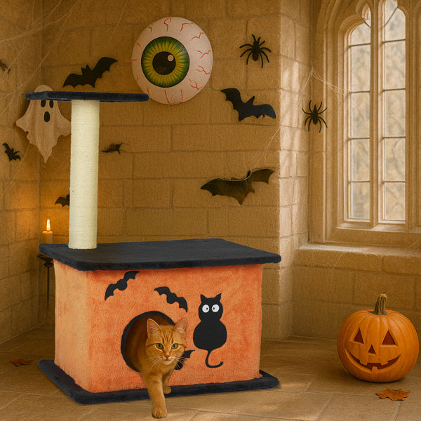 Halloween Cat Tree – Orange & Black Tower with Scratching Post