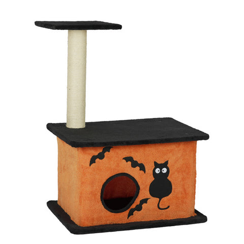 Halloween Cat Tree – Orange & Black Tower with Scratching Post